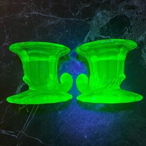 Vintage Uranium Glass Candlestick Holders – Pair – UV Reactive – Depression Era